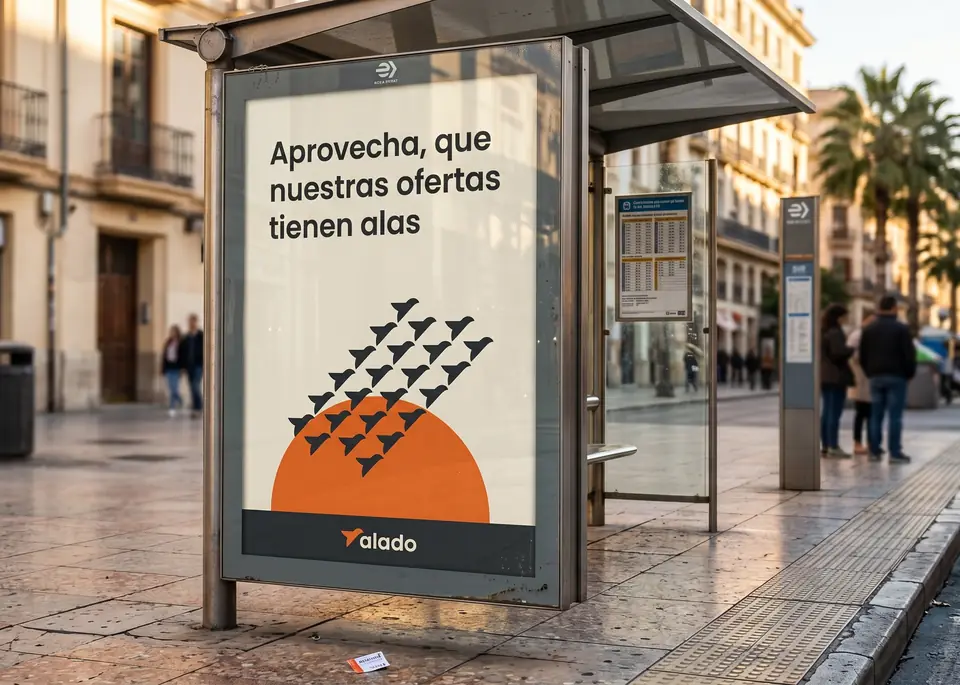 Marquesina de calle con el anuncio de Alado «Aprovecha, que nuestras ofertas tienen alas»