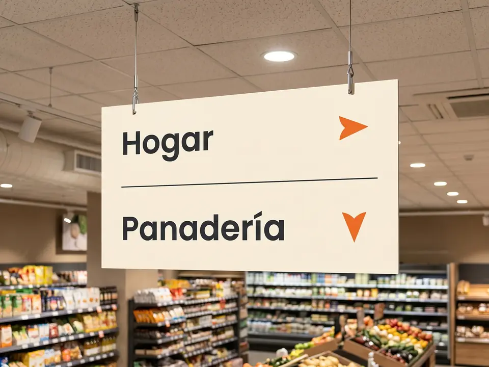 Carteles colgantes de Alado en el pasillo: «Hogar» y «Panadería»