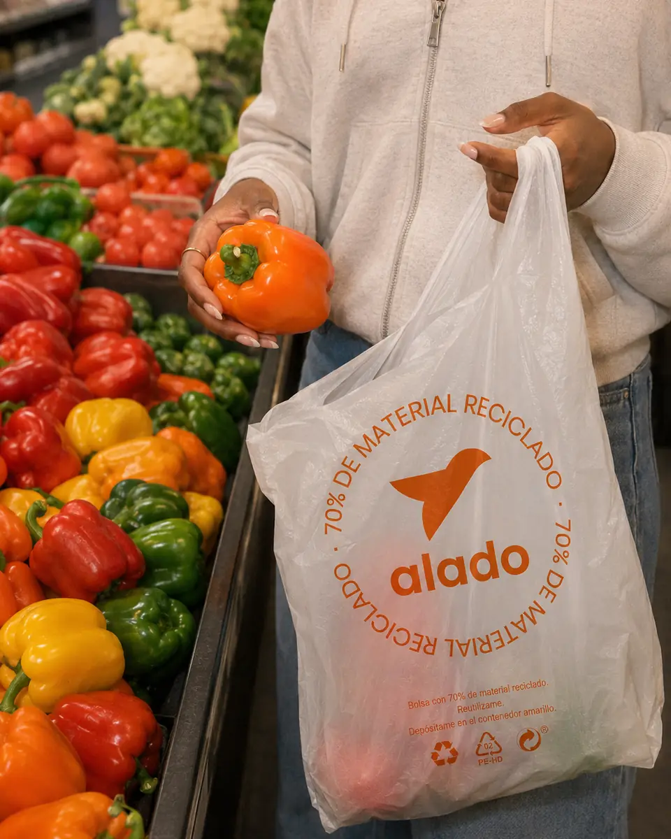 Persona con una bolsa de material reciclado de Alado en la zona de verduras