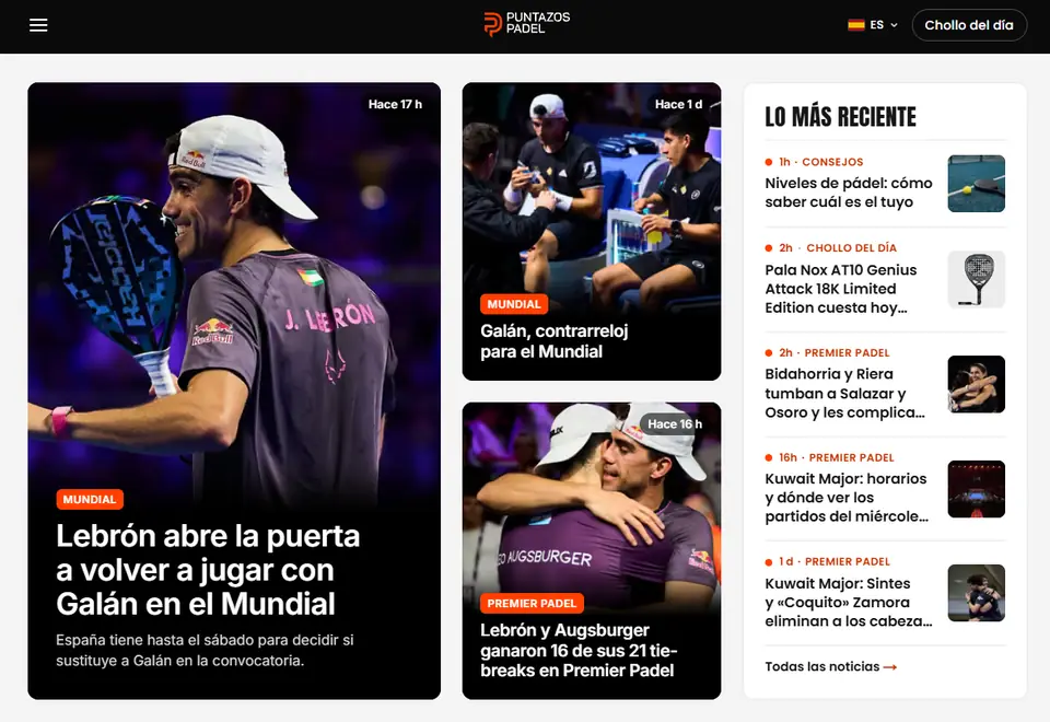 Portada de la web de noticias de Puntazos Pádel con la cabecera de la marca y las últimas noticias de pádel