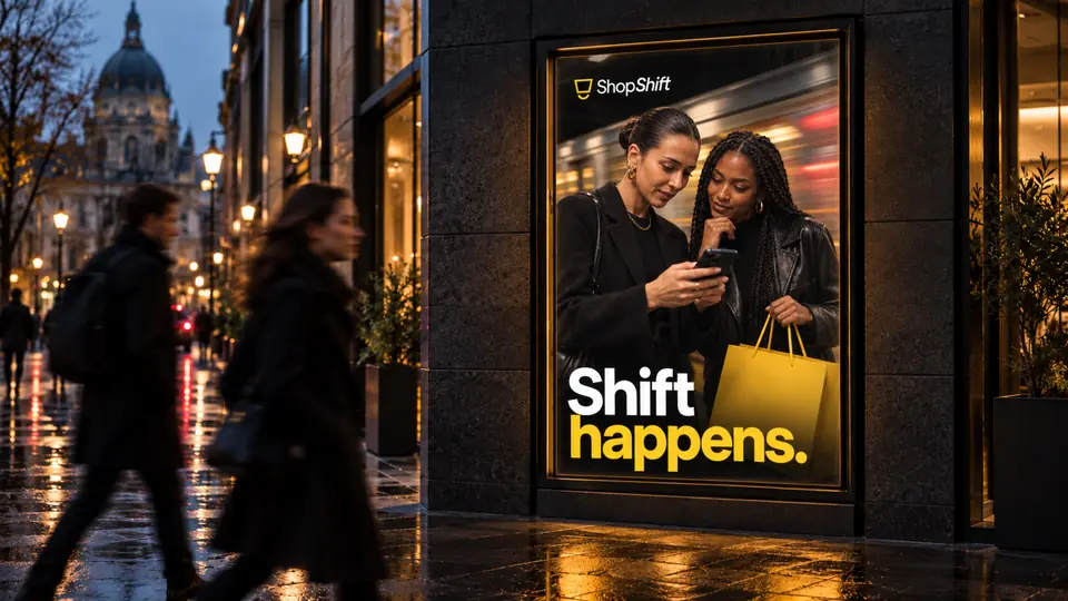 Escaparate nocturno con el cartel «Shift happens.» de ShopShift