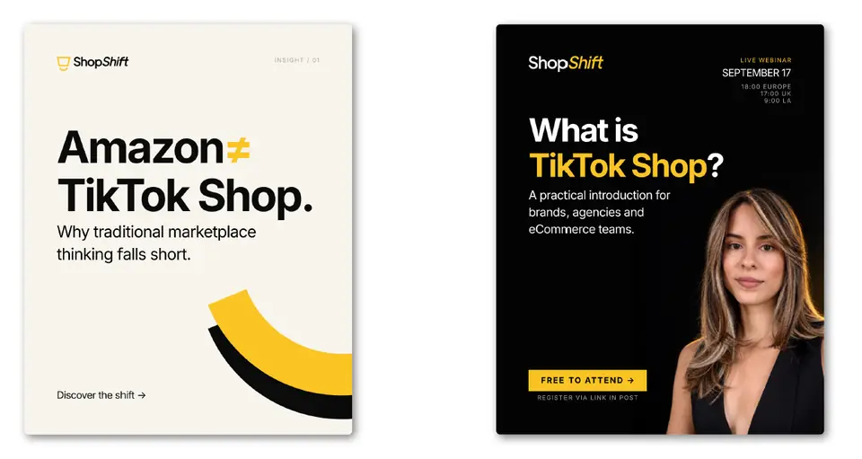 Piezas para redes sociales de ShopShift sobre Amazon y TikTok Shop